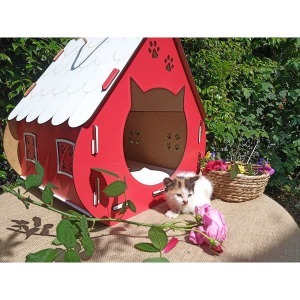 ahşap kedi evi cl büyük boy kırmızı